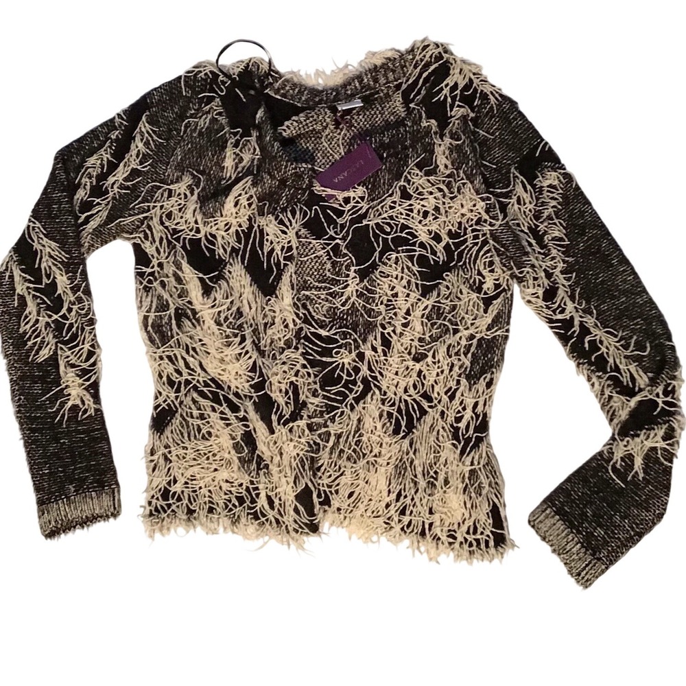 LASCANA Black Cream Eyelash Knit Open Front Cardigan Sweater‎ Boho Cozy Sz M